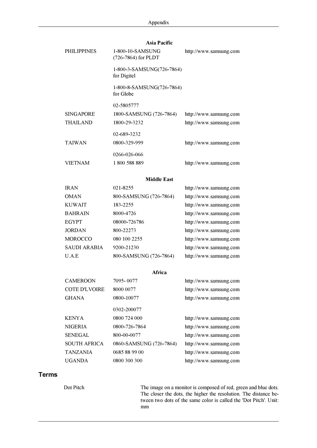 Samsung PH64KRPMBF/XY, PH64KRRMBF/EN, PH64KRPMBF/EN, PH64KRPMBF/NG manual Terms, Middle East, Africa 