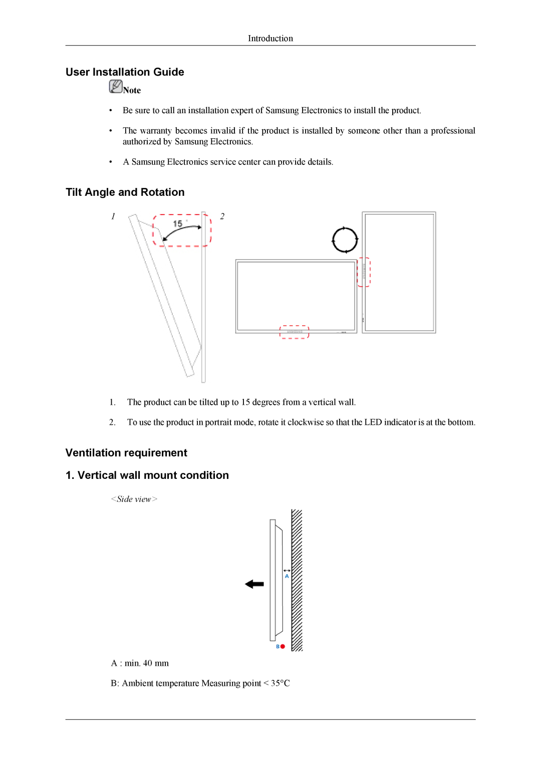 Samsung PH64KRRMBF/EN, PH64KRPMBF/EN, PH64KRPMBF/NG, PH64KRPMBF/XY manual User Installation Guide, Tilt Angle and Rotation 