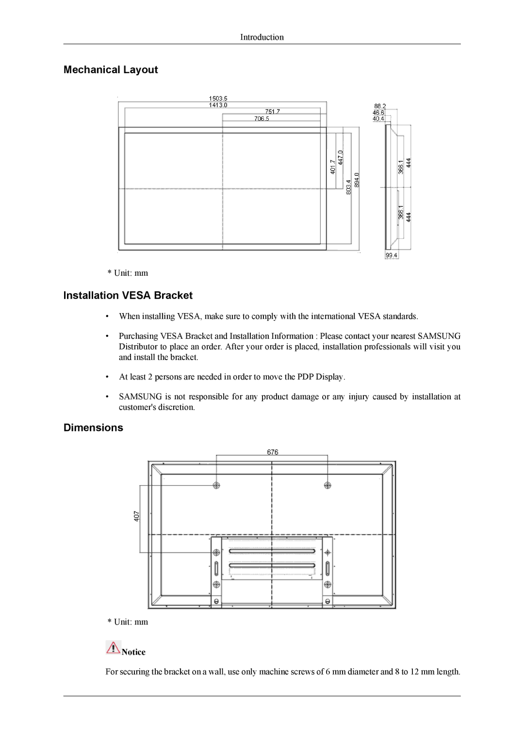 Samsung PH64KRPMBF/NG, PH64KRRMBF/EN, PH64KRPMBF/EN, PH64KRPMBF/XY Mechanical Layout, Installation Vesa Bracket, Dimensions 