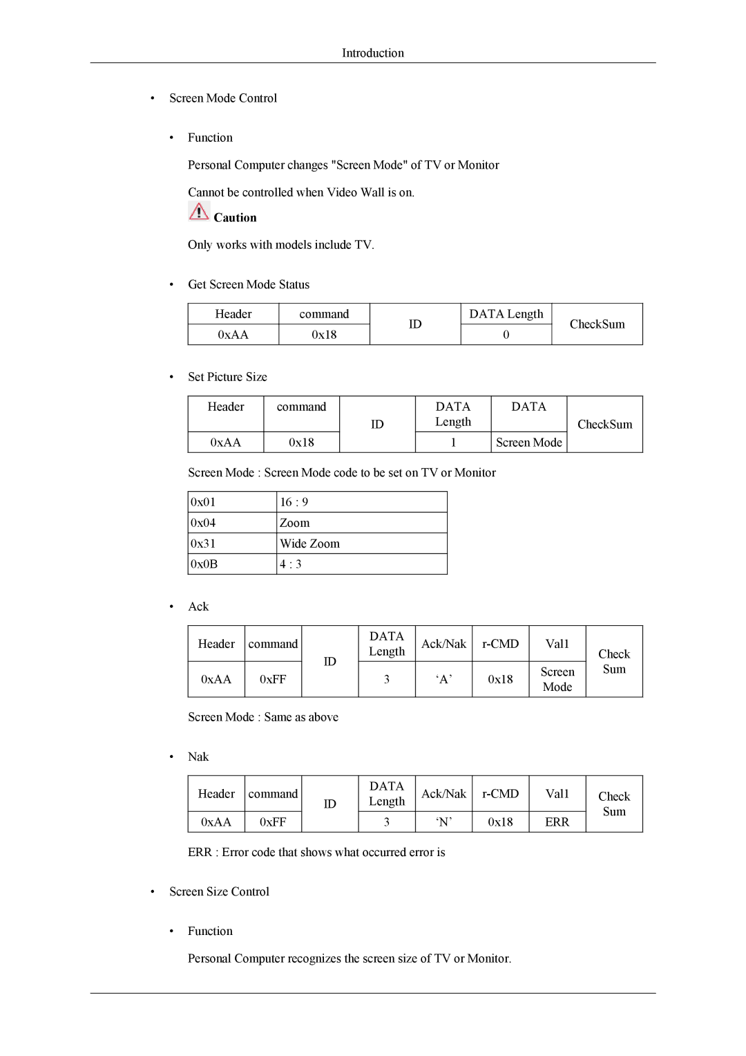 Samsung PH64KRPMBF/XY, PH64KRRMBF/EN, PH64KRPMBF/EN manual Ack/Nak CMD Val1 Length Check 0xAA 0xFF ‘A’ 0x18 Screen Sum 