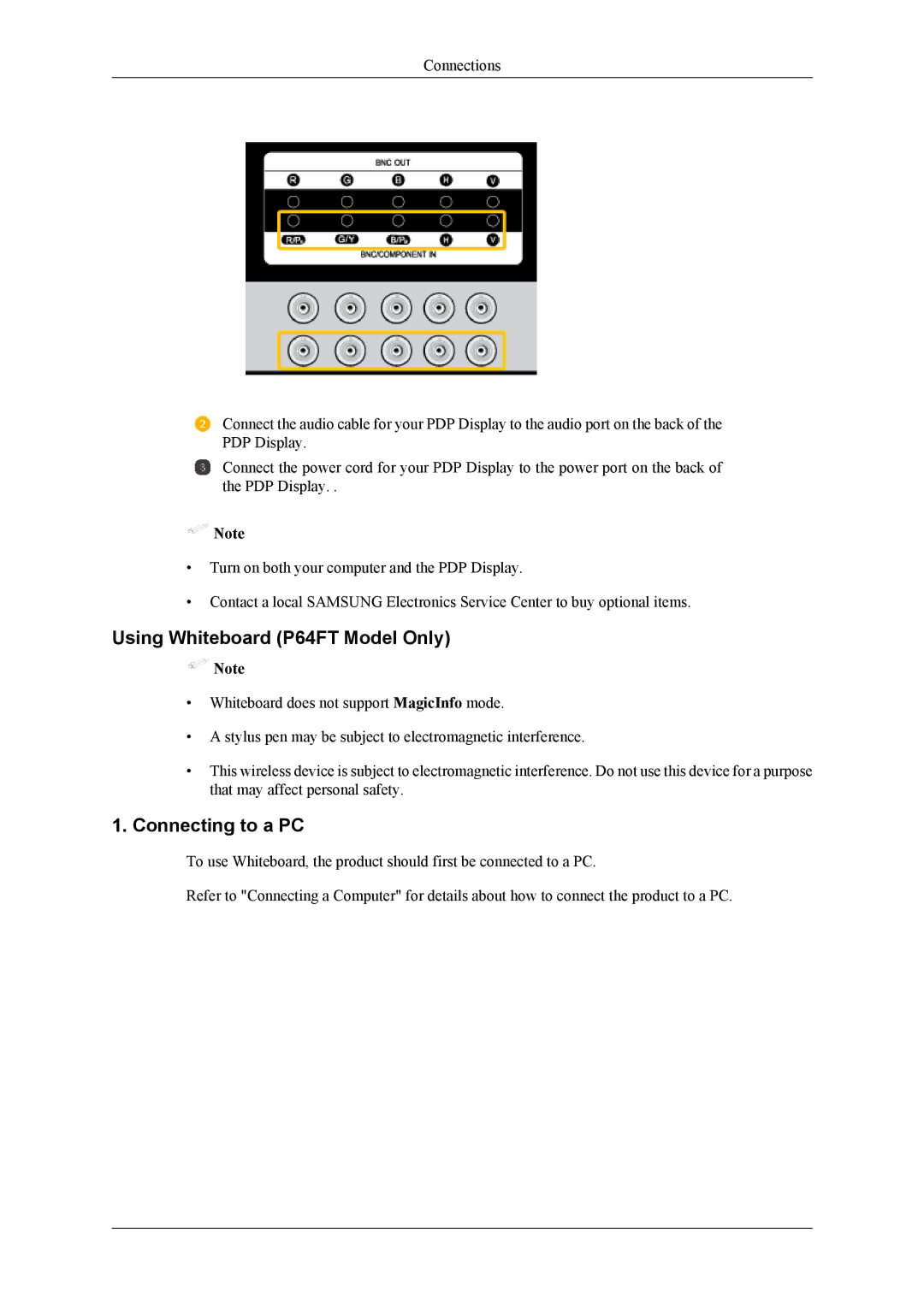 Samsung PH64KRPMBF/NG, PH64KRRMBF/EN, PH64KRPMBF/EN, PH64KRPMBF/XY Using Whiteboard P64FT Model Only, Connecting to a PC 