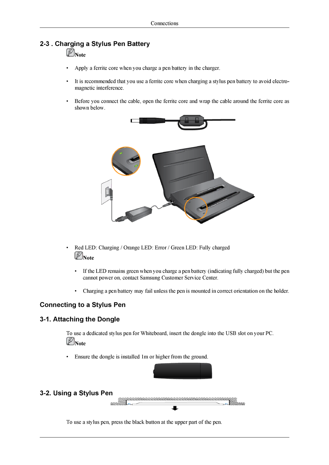 Samsung PH64KRRMBF/EN, PH64KRPMBF/EN Charging a Stylus Pen Battery, Connecting to a Stylus Pen 3-1. Attaching the Dongle 