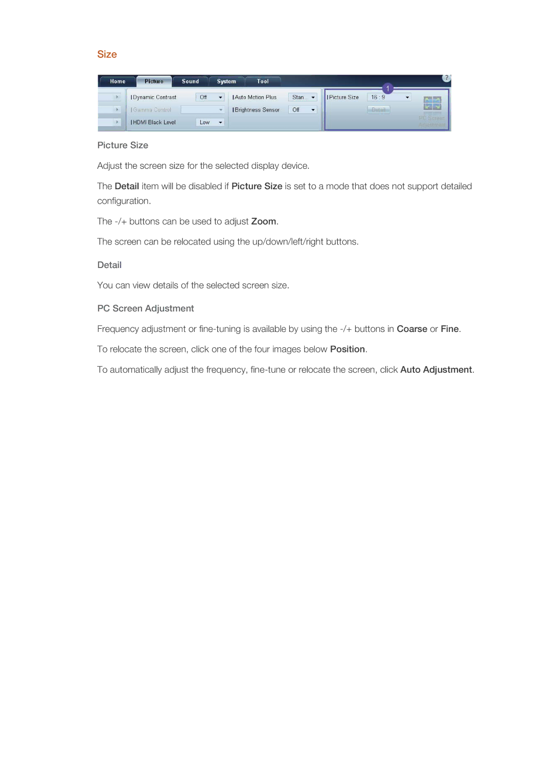 Samsung PH64KRRMBF/EN, PH64KRPMBF/EN, PH64KRPMBF/NG, PH64KRPMBF/XY manual Picture Size, Detail, PC Screen Adjustment 
