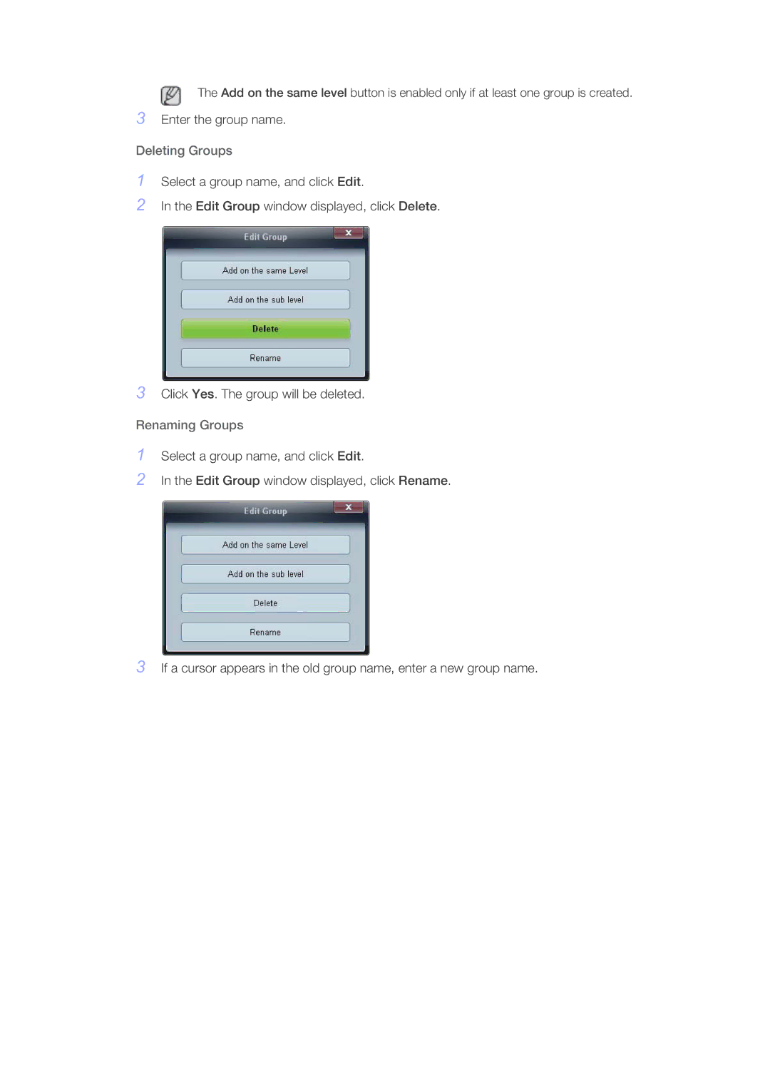 Samsung PH64KRPMBF/NG, PH64KRRMBF/EN, PH64KRPMBF/EN, PH64KRPMBF/XY manual Deleting Groups, Renaming Groups 