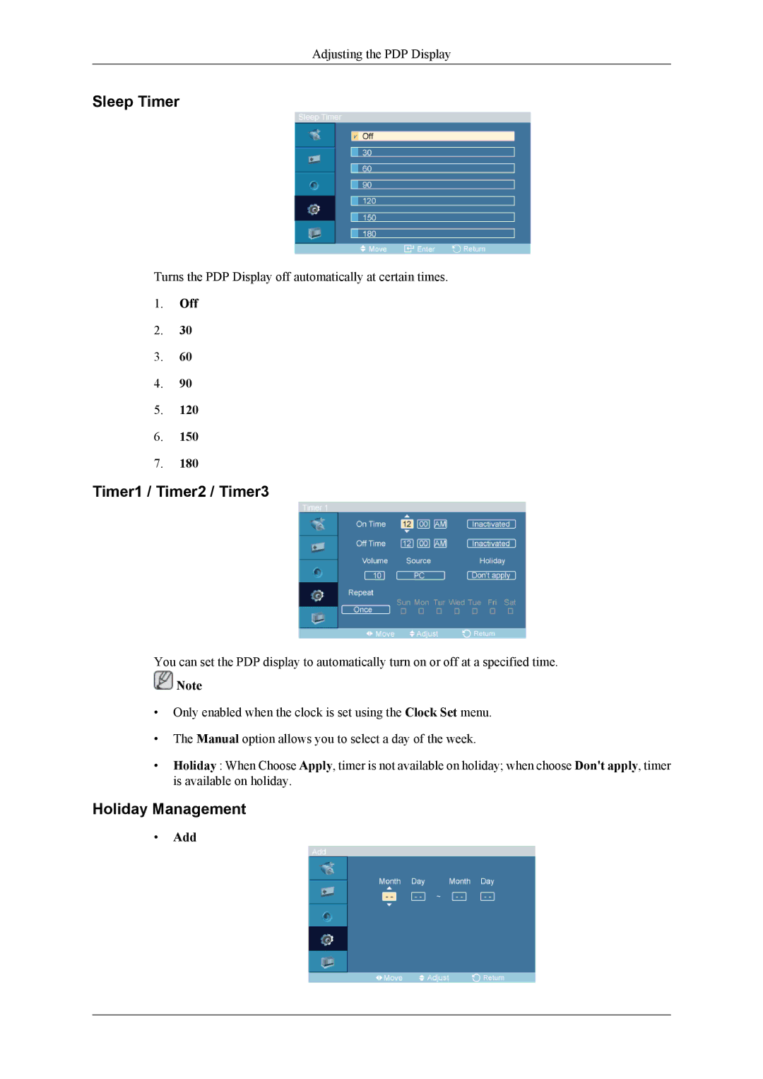 Samsung PH64KRPMBF/XY, PH64KRRMBF/EN, PH64KRPMBF/EN manual Sleep Timer, Timer1 / Timer2 / Timer3, Holiday Management, Add 