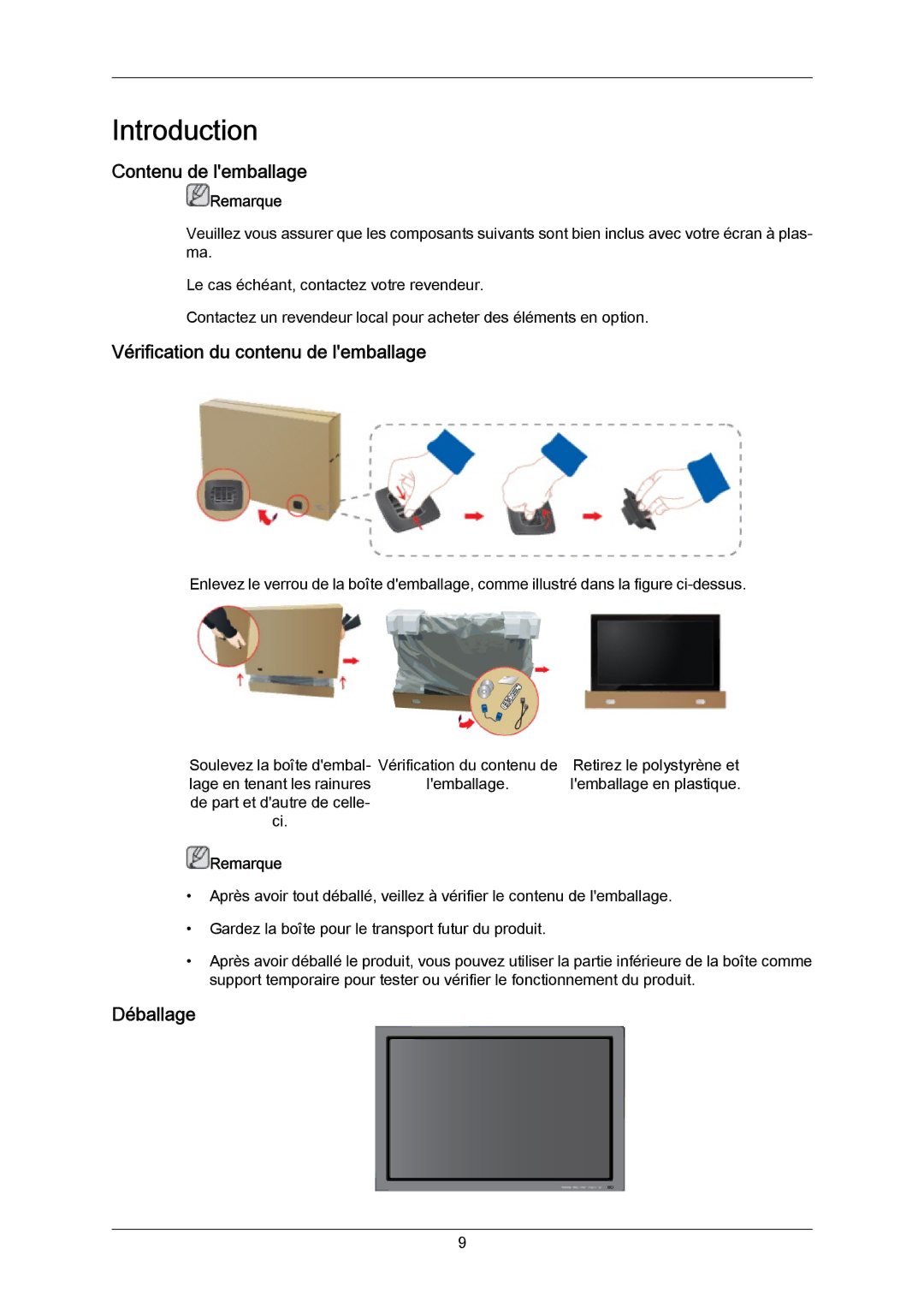 Samsung PH64KRRMBF/EN, PH64KRPMBF/EN manual Contenu de lemballage, Vérification du contenu de lemballage, Déballage 