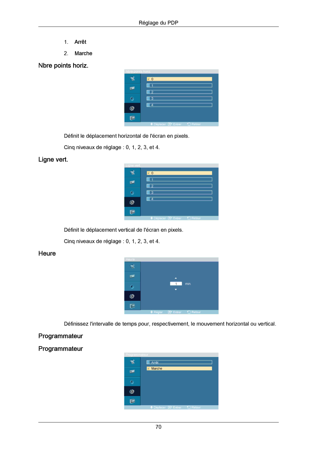 Samsung PH64KRRMBF/EN, PH64KRPMBF/EN manual Nbre points horiz, Ligne vert, Heure, Programmateur 