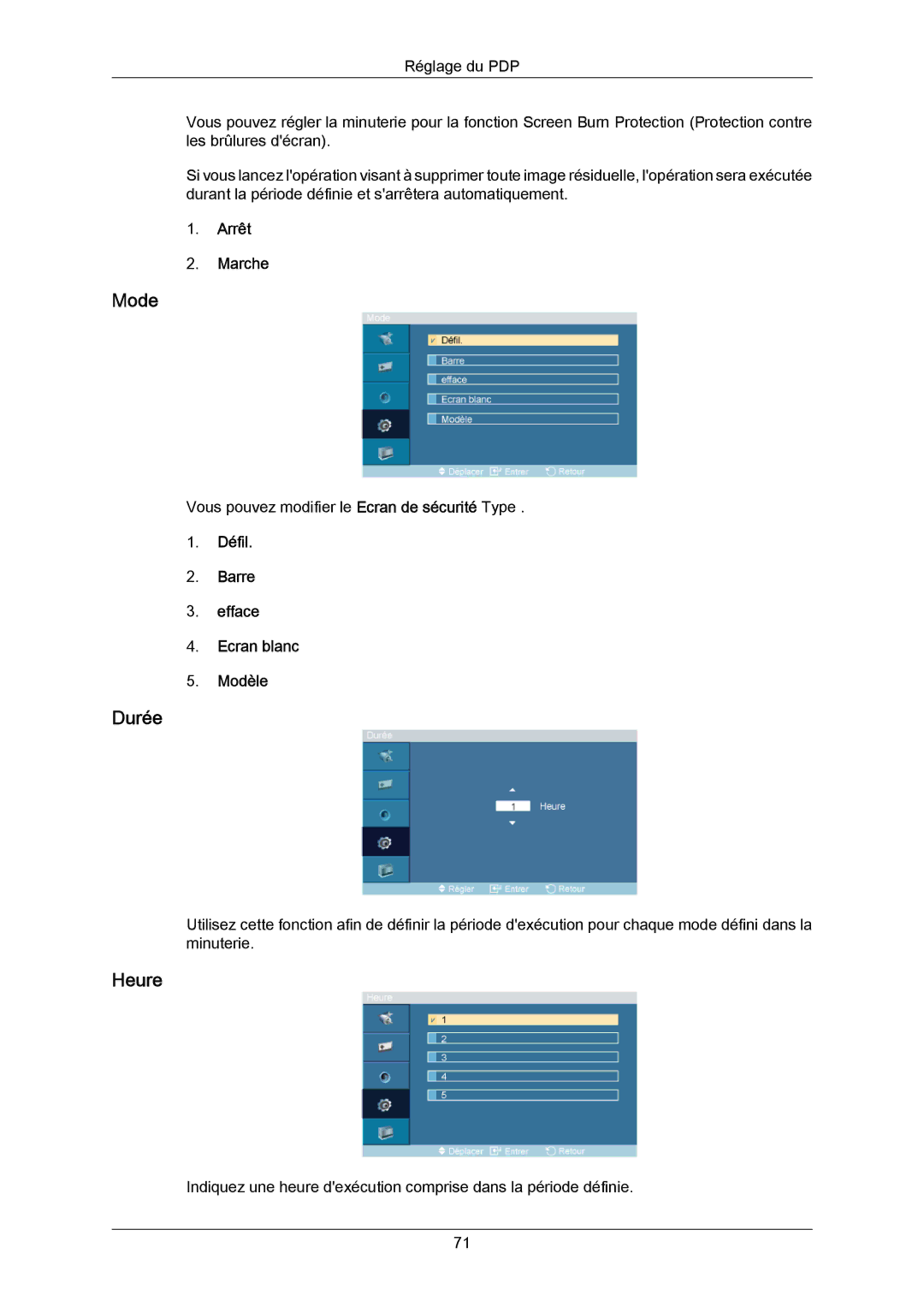 Samsung PH64KRPMBF/EN, PH64KRRMBF/EN manual Durée, Défil Barre Efface Ecran blanc Modèle 