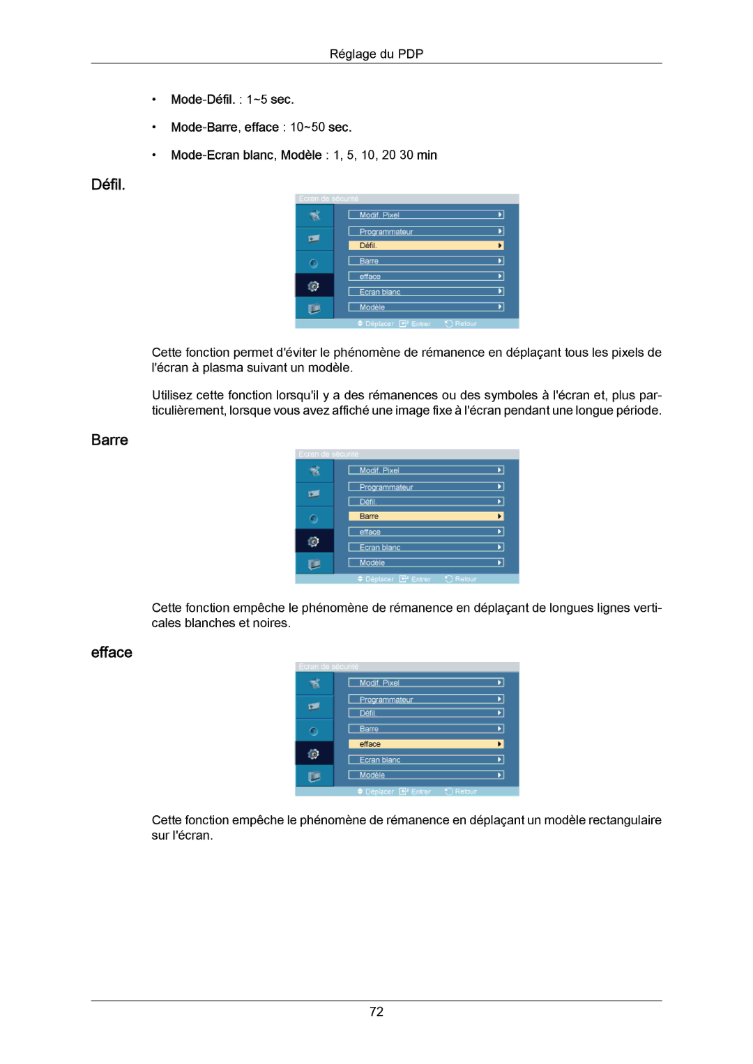 Samsung PH64KRRMBF/EN, PH64KRPMBF/EN manual Défil, Barre, Efface 
