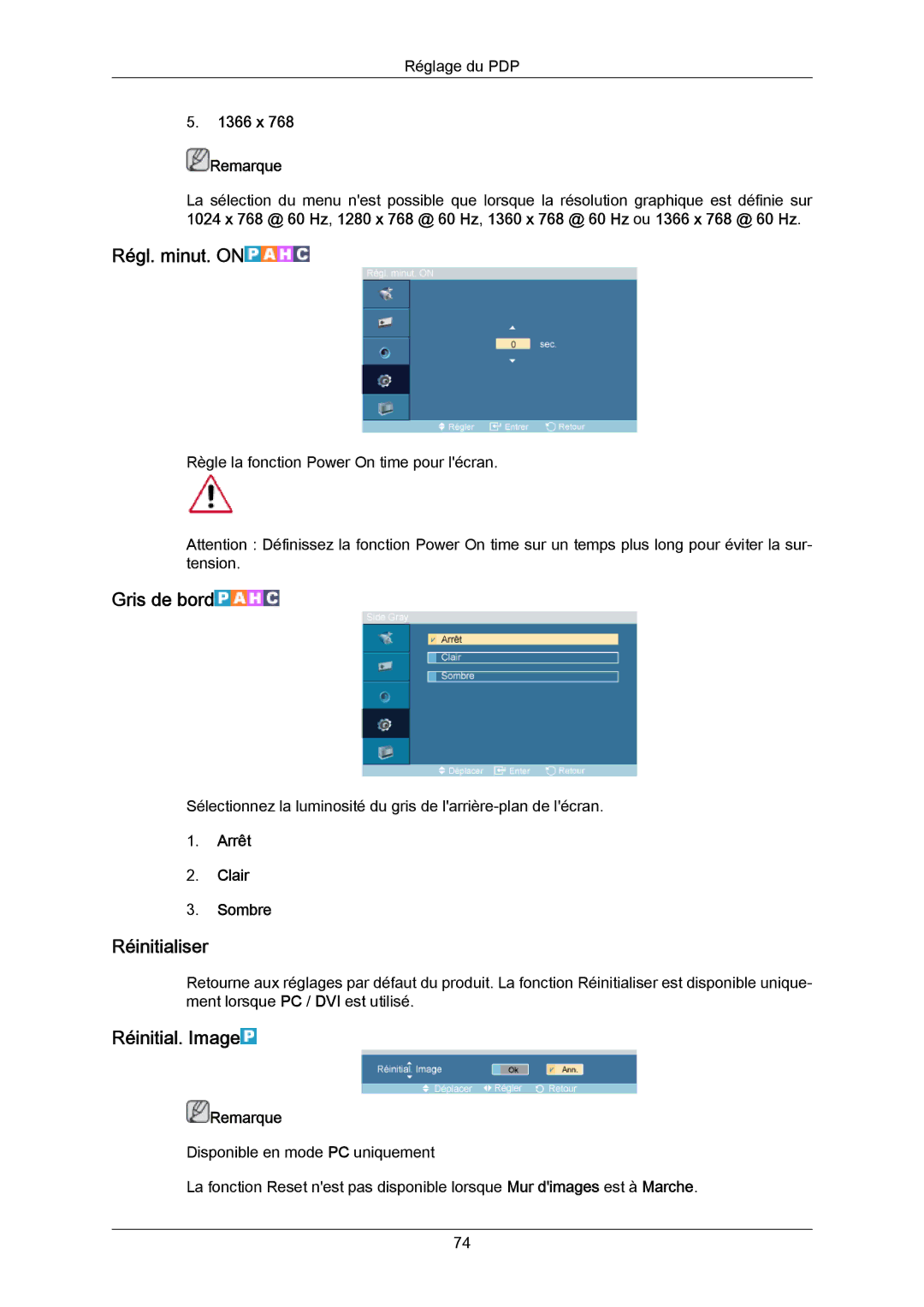 Samsung PH64KRRMBF/EN, PH64KRPMBF/EN manual Régl. minut. on, Gris de bord, Réinitialiser, Réinitial. Image 