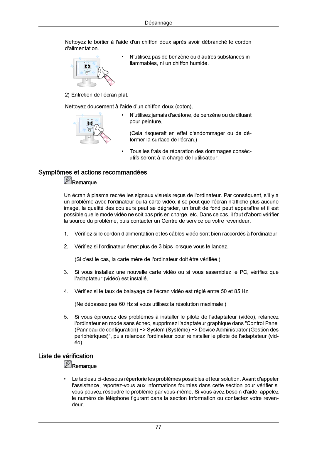 Samsung PH64KRPMBF/EN, PH64KRRMBF/EN manual Symptômes et actions recommandées, Liste de vérification 