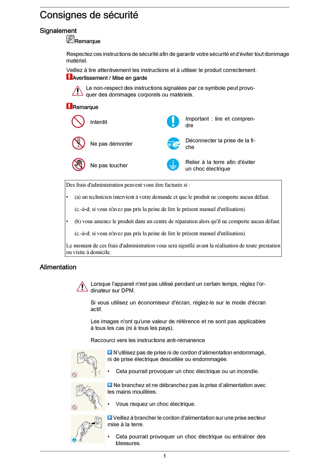 Samsung PH64KRRMBF/EN, PH64KRPMBF/EN manual Signalement, Alimentation, Remarque, Avertissement / Mise en garde 