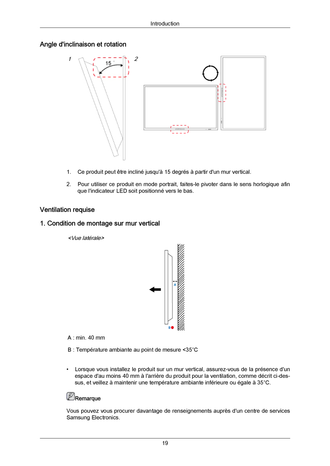 Samsung PH64KRRMBF/EN manual Angle dinclinaison et rotation, Ventilation requise Condition de montage sur mur vertical 