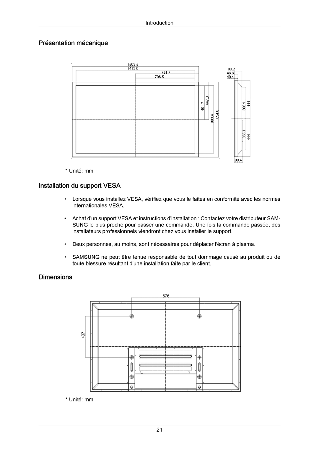 Samsung PH64KRRMBF/EN, PH64KRPMBF/EN manual Présentation mécanique, Installation du support Vesa, Dimensions 