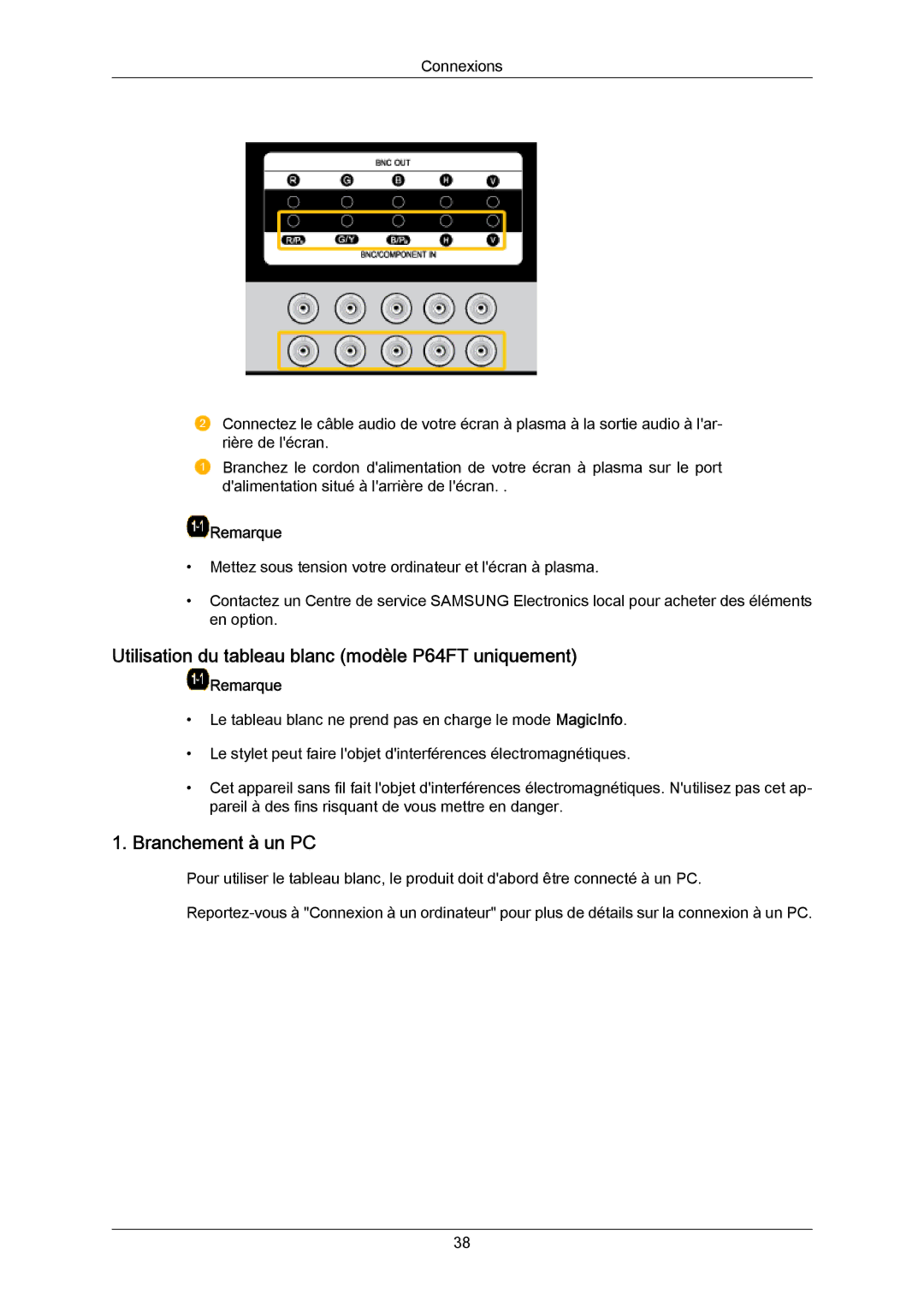 Samsung PH64KRRMBF/EN, PH64KRPMBF/EN manual Utilisation du tableau blanc modèle P64FT uniquement, Branchement à un PC 