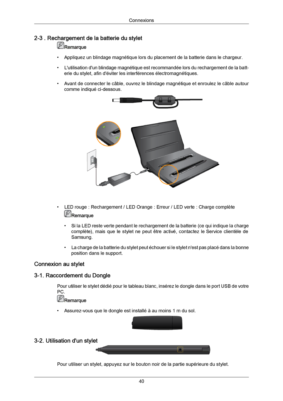 Samsung PH64KRRMBF/EN, PH64KRPMBF/EN Rechargement de la batterie du stylet, Connexion au stylet Raccordement du Dongle 