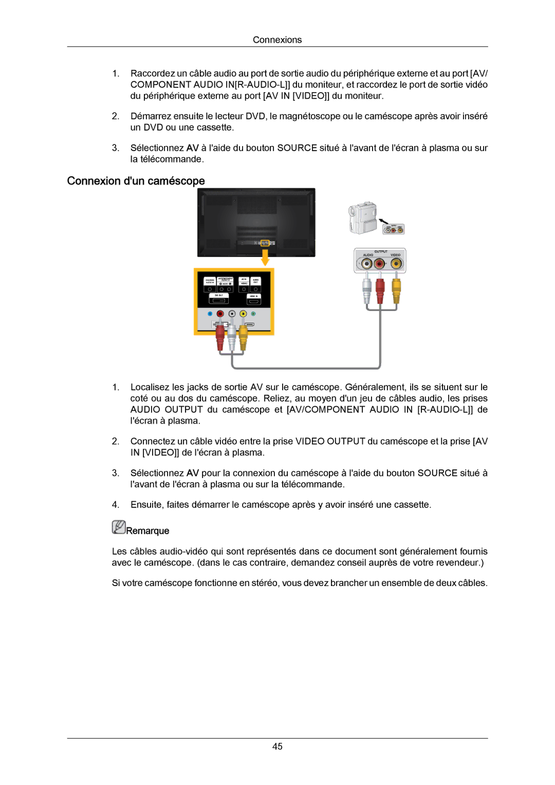 Samsung PH64KRPMBF/EN, PH64KRRMBF/EN manual Connexion dun caméscope 