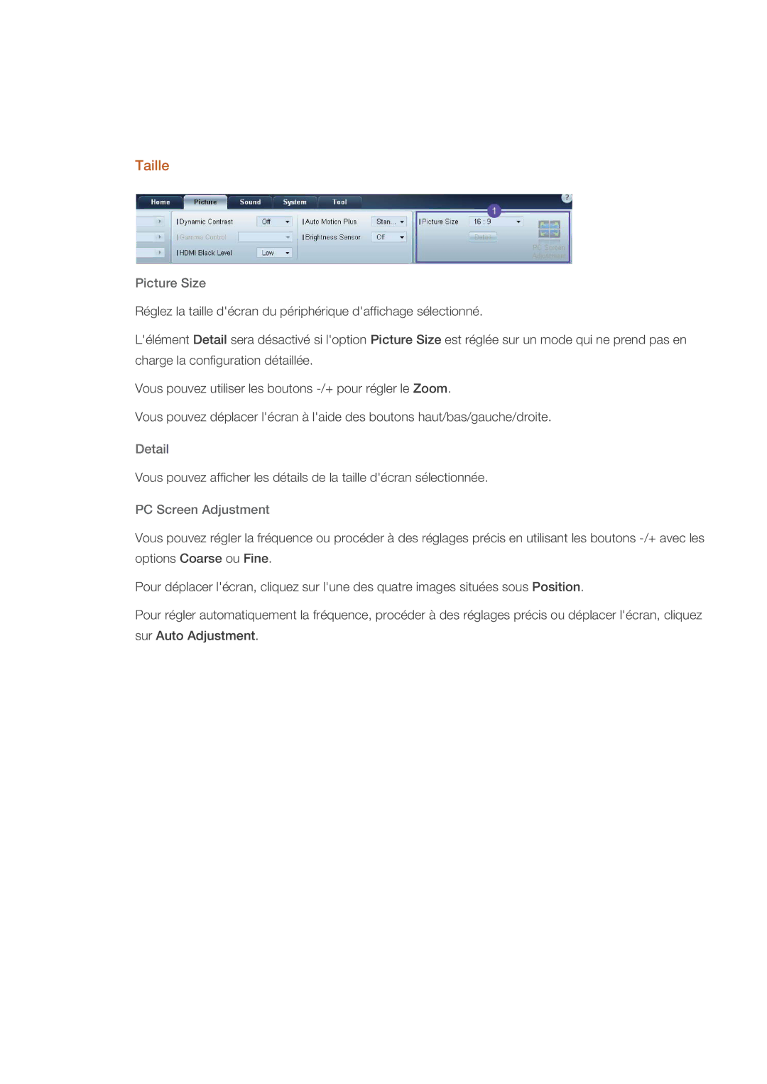 Samsung PH64KRRMBF/EN, PH64KRPMBF/EN manual Taille, Picture Size, Detail, PC Screen Adjustment 