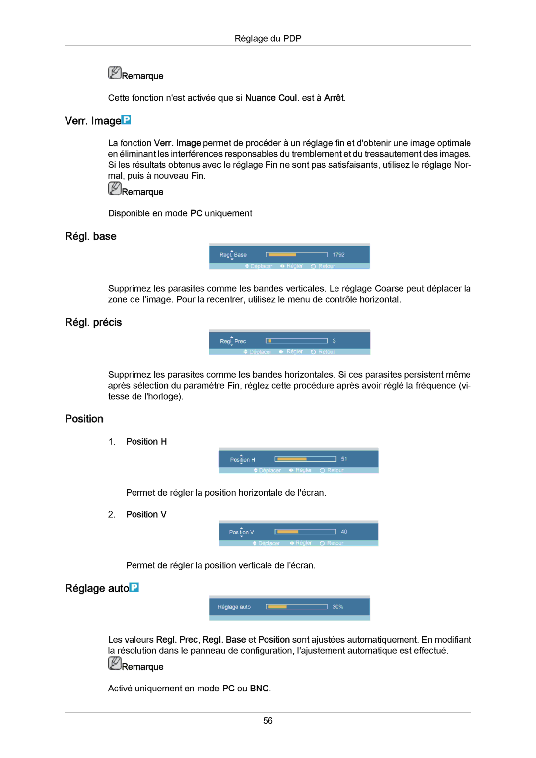 Samsung PH64KRRMBF/EN, PH64KRPMBF/EN manual Verr. Image, Régl. base, Régl. précis, Position, Réglage auto 