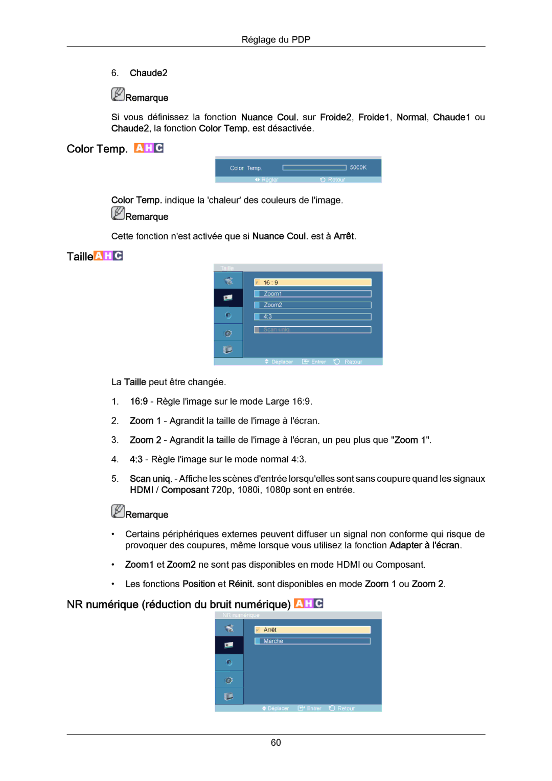 Samsung PH64KRRMBF/EN, PH64KRPMBF/EN manual NR numérique réduction du bruit numérique, Chaude2 Remarque 