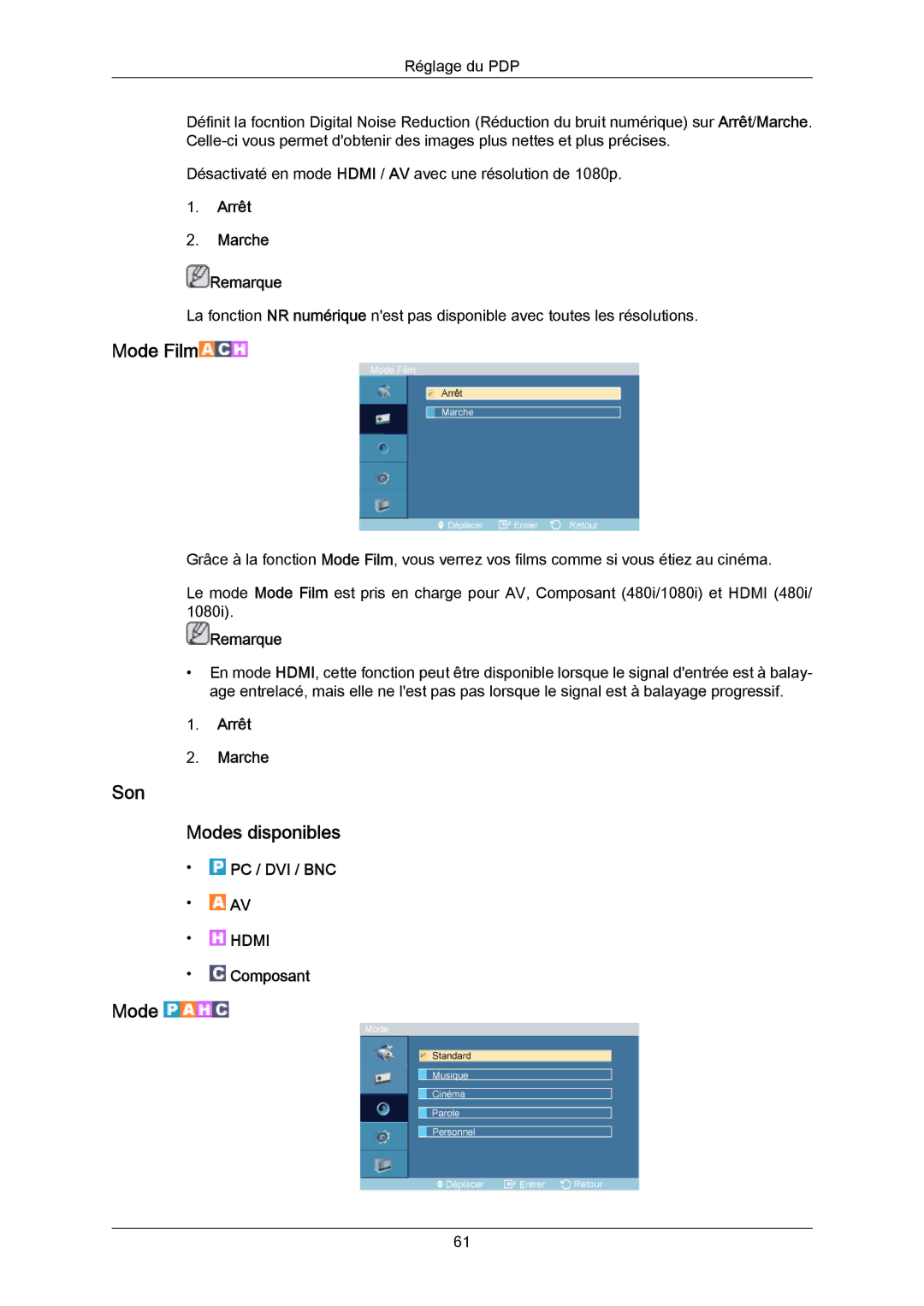 Samsung PH64KRPMBF/EN, PH64KRRMBF/EN manual Mode Film, Son Modes disponibles, Arrêt Marche Remarque 