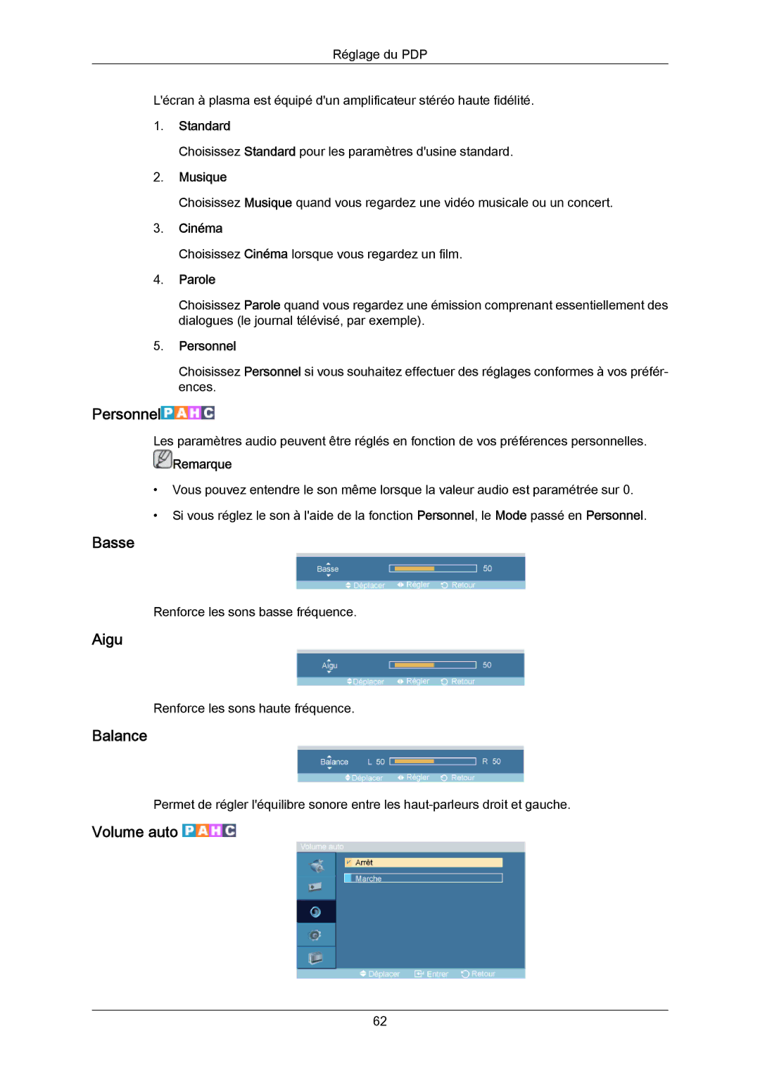 Samsung PH64KRRMBF/EN, PH64KRPMBF/EN manual Basse, Aigu, Balance, Volume auto 