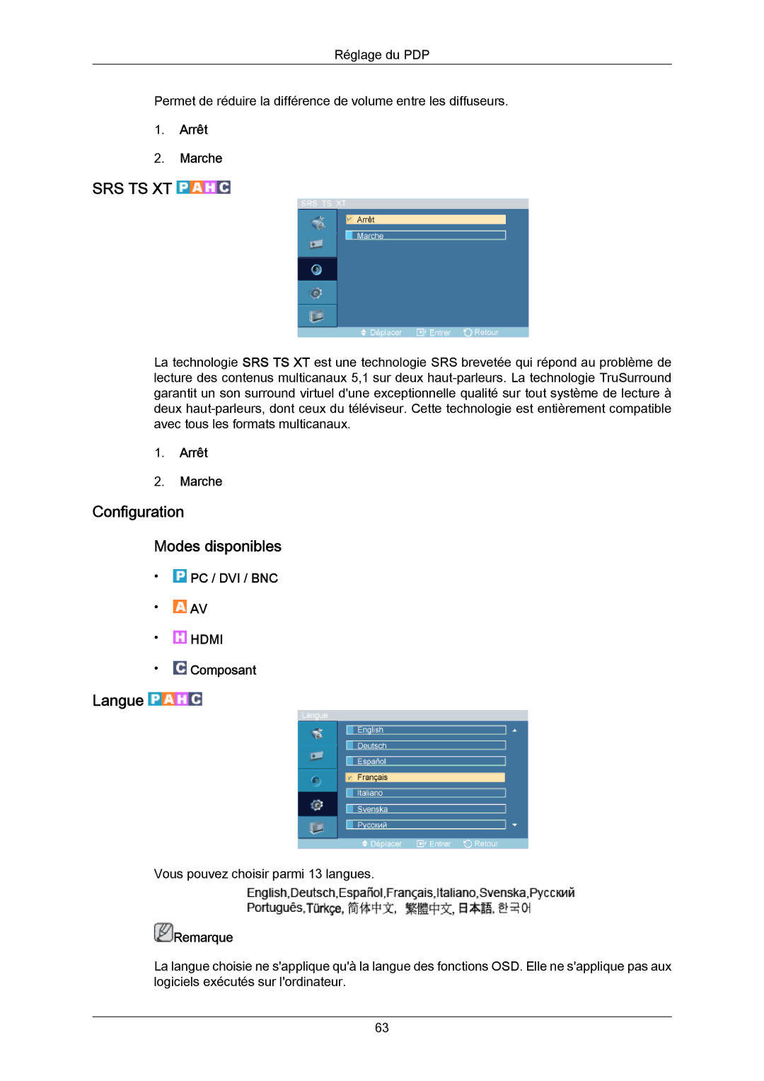 Samsung PH64KRPMBF/EN, PH64KRRMBF/EN manual Configuration Modes disponibles, Langue 