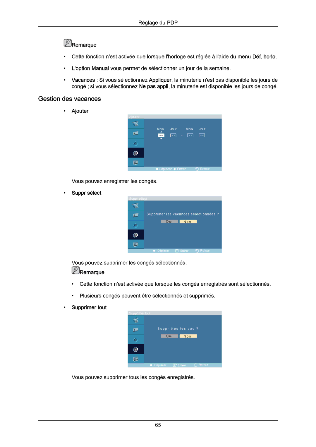 Samsung PH64KRPMBF/EN, PH64KRRMBF/EN manual Gestion des vacances, Ajouter, Suppr sélect, Supprimer tout 
