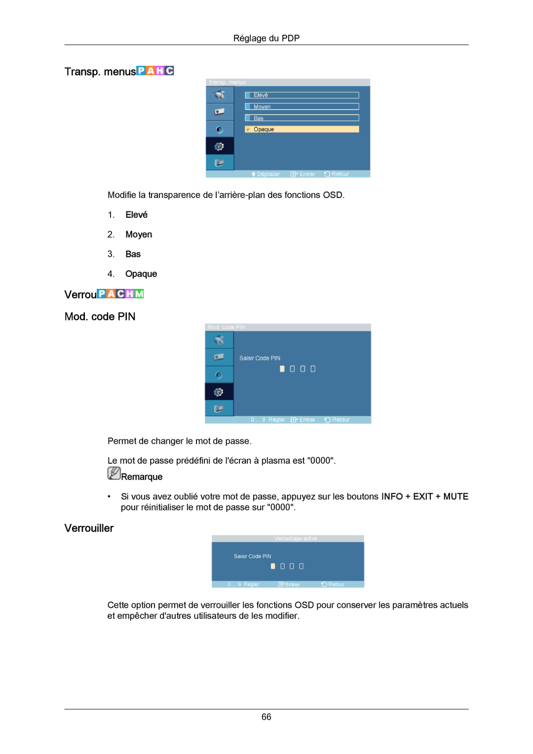 Samsung PH64KRRMBF/EN, PH64KRPMBF/EN manual Transp. menus, Verrou Mod. code PIN, Verrouiller, Elevé Moyen Bas Opaque 
