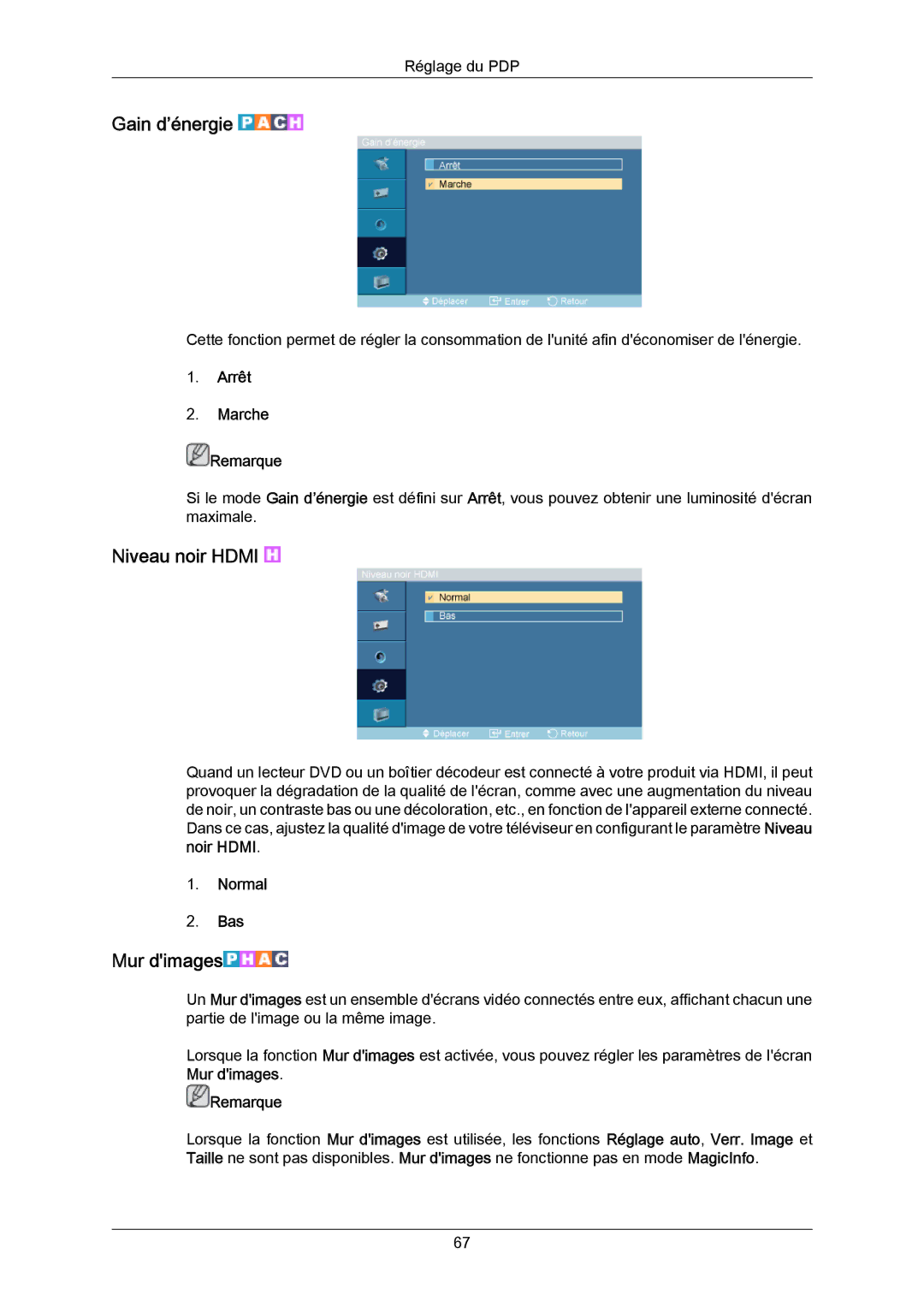 Samsung PH64KRPMBF/EN, PH64KRRMBF/EN manual Gain d’énergie, Niveau noir Hdmi, Mur dimages, Normal Bas 