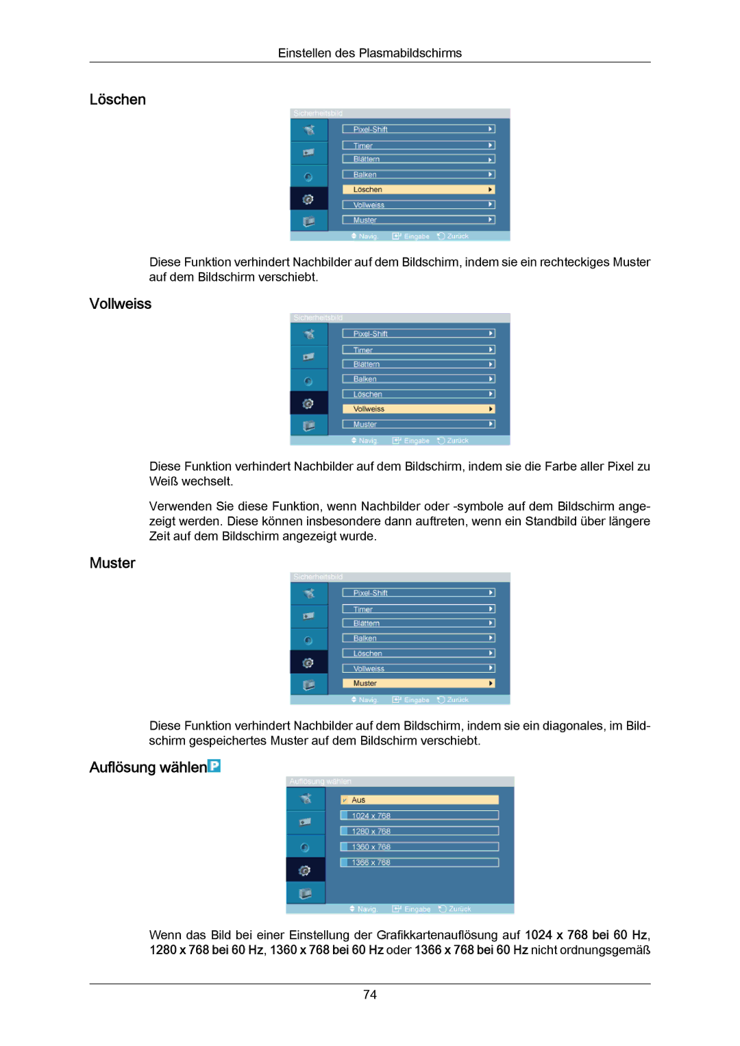 Samsung PH64KRRMBF/EN, PH64KRPMBF/EN manual Löschen, Vollweiss, Muster, Auflösung wählen 
