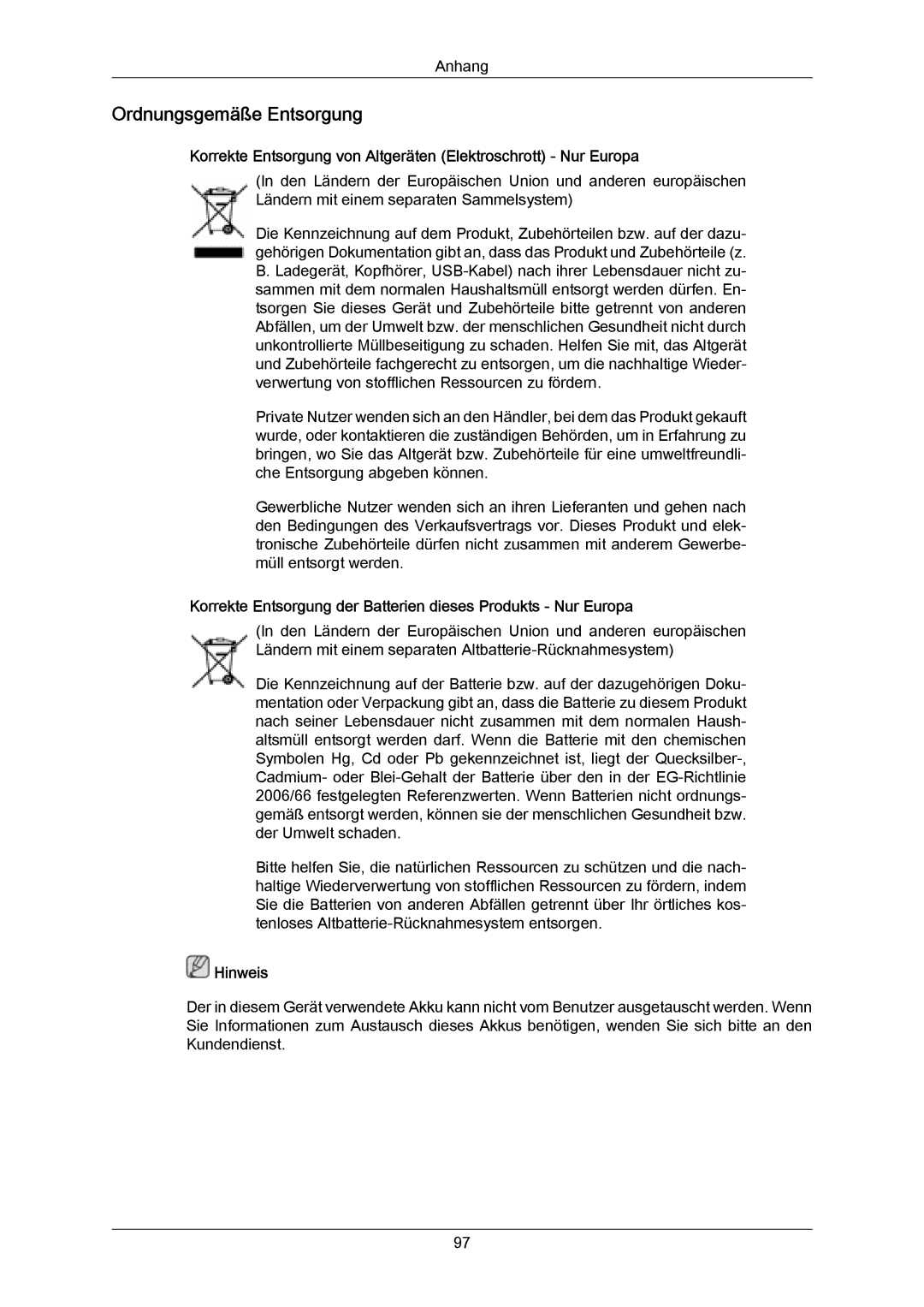 Samsung PH64KRPMBF/EN manual Ordnungsgemäße Entsorgung, Korrekte Entsorgung von Altgeräten Elektroschrott Nur Europa 