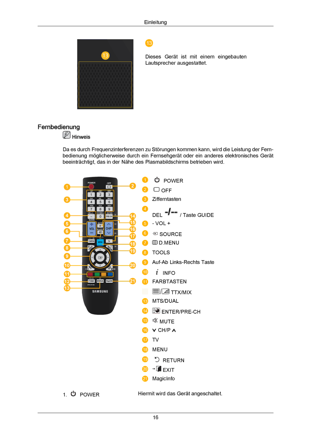 Samsung PH64KRPMBF/EN, PH64KRRMBF/EN manual Fernbedienung, Hinweis 