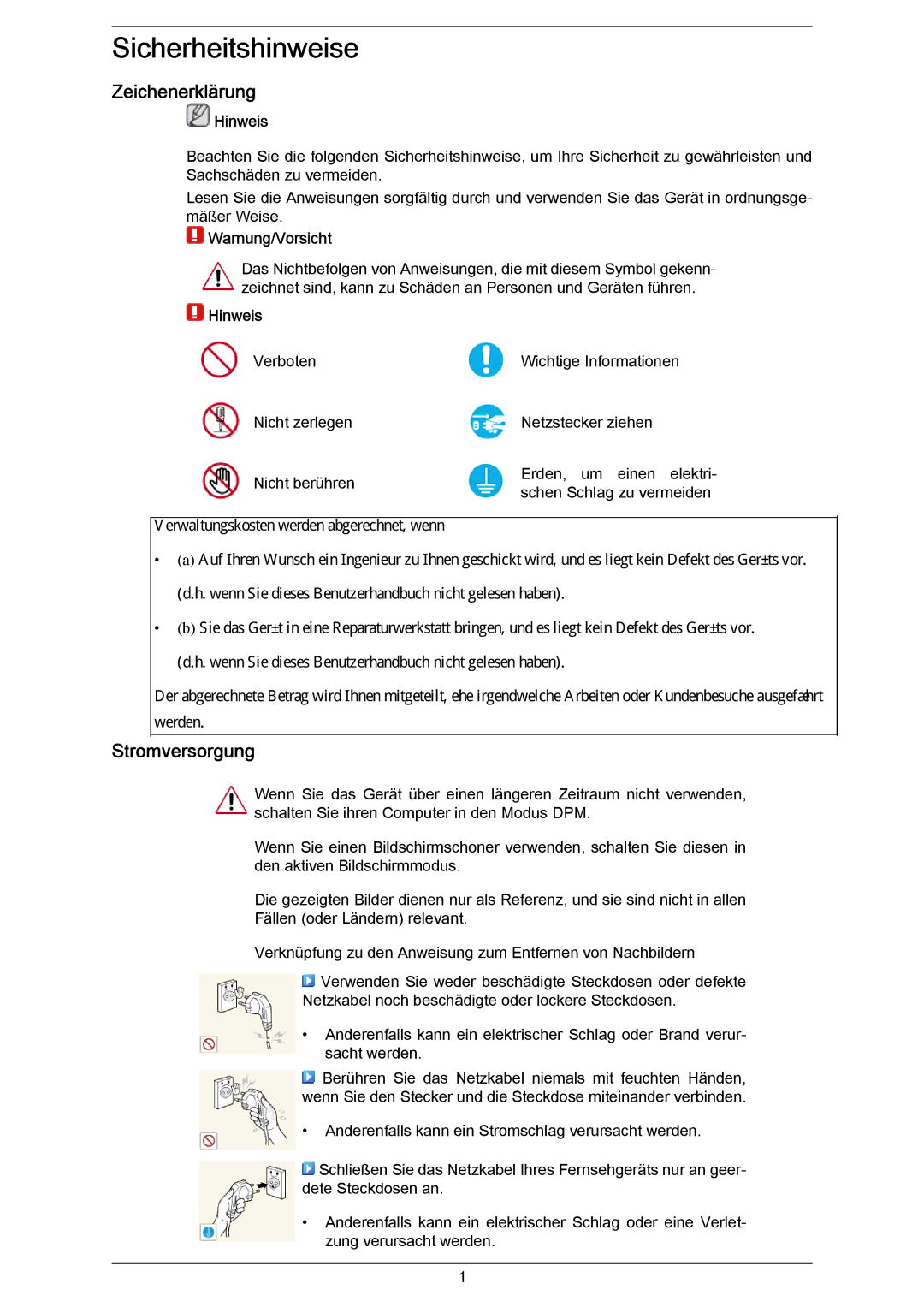 Samsung PH64KRRMBF/EN, PH64KRPMBF/EN manual Zeichenerklärung, Stromversorgung, Hinweis, Warnung/Vorsicht 