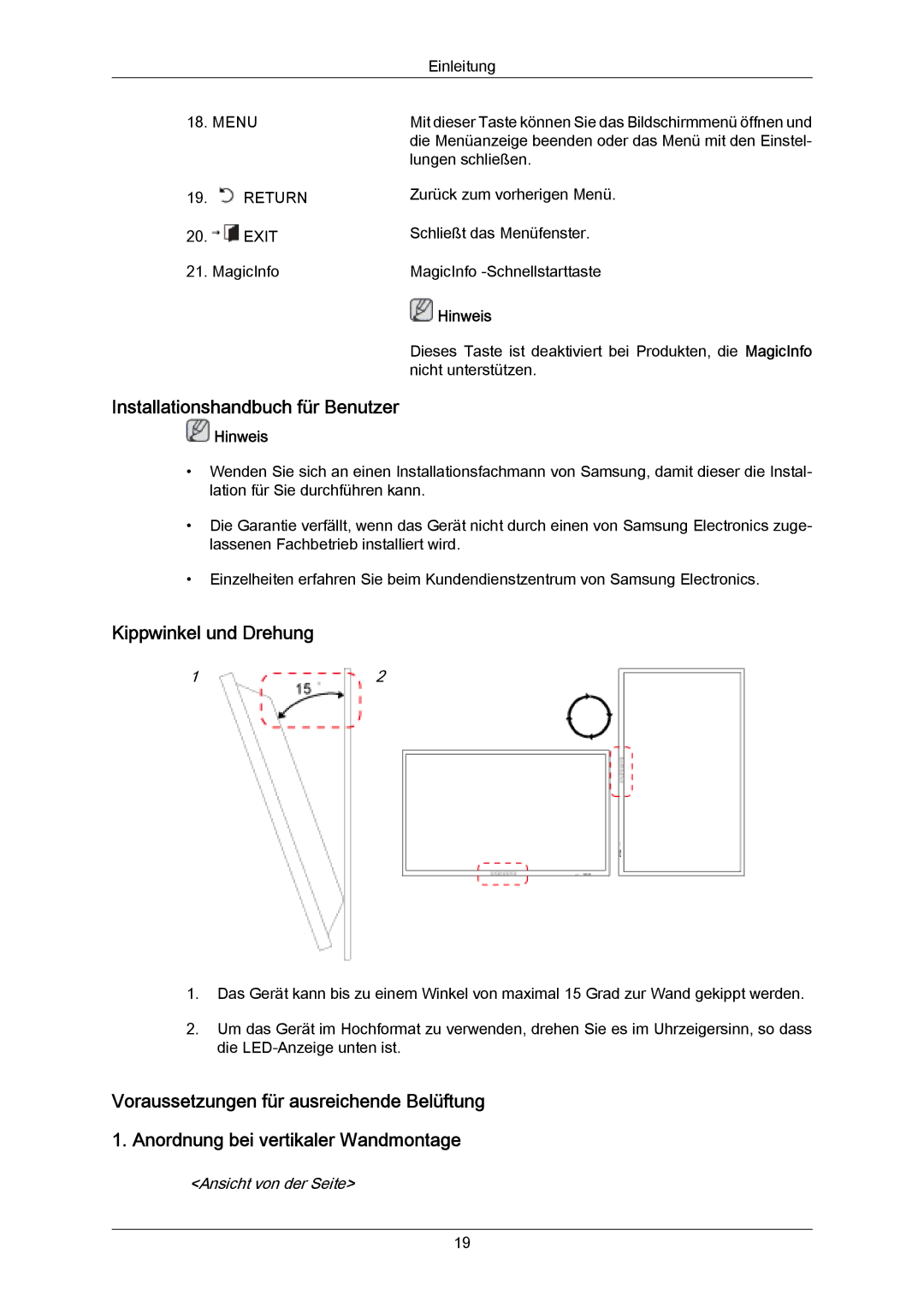 Samsung PH64KRRMBF/EN, PH64KRPMBF/EN manual Installationshandbuch für Benutzer, Kippwinkel und Drehung 