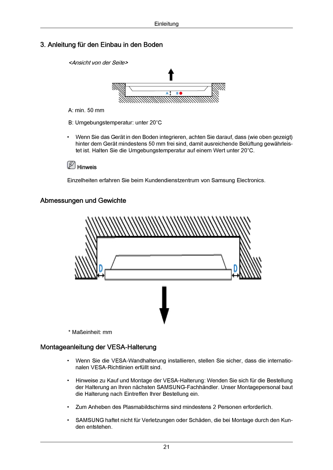 Samsung PH64KRRMBF/EN Anleitung für den Einbau in den Boden, Abmessungen und Gewichte, Montageanleitung der VESA-Halterung 