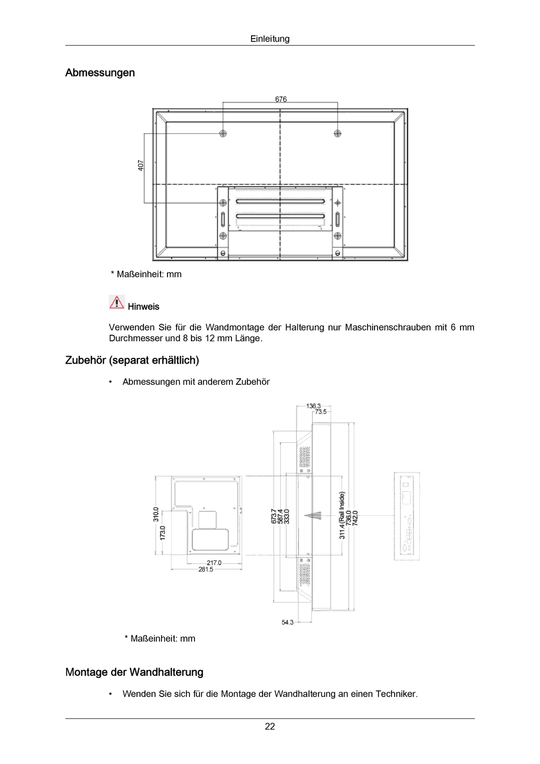 Samsung PH64KRPMBF/EN, PH64KRRMBF/EN manual Abmessungen, Zubehör separat erhältlich, Montage der Wandhalterung 