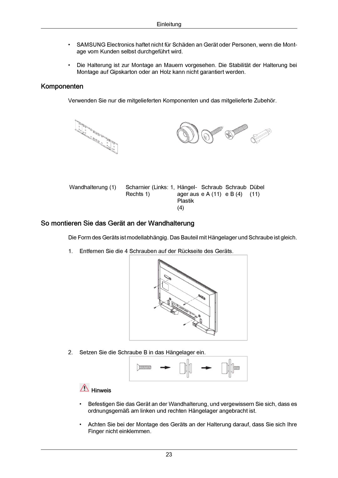 Samsung PH64KRRMBF/EN, PH64KRPMBF/EN manual Komponenten, So montieren Sie das Gerät an der Wandhalterung 