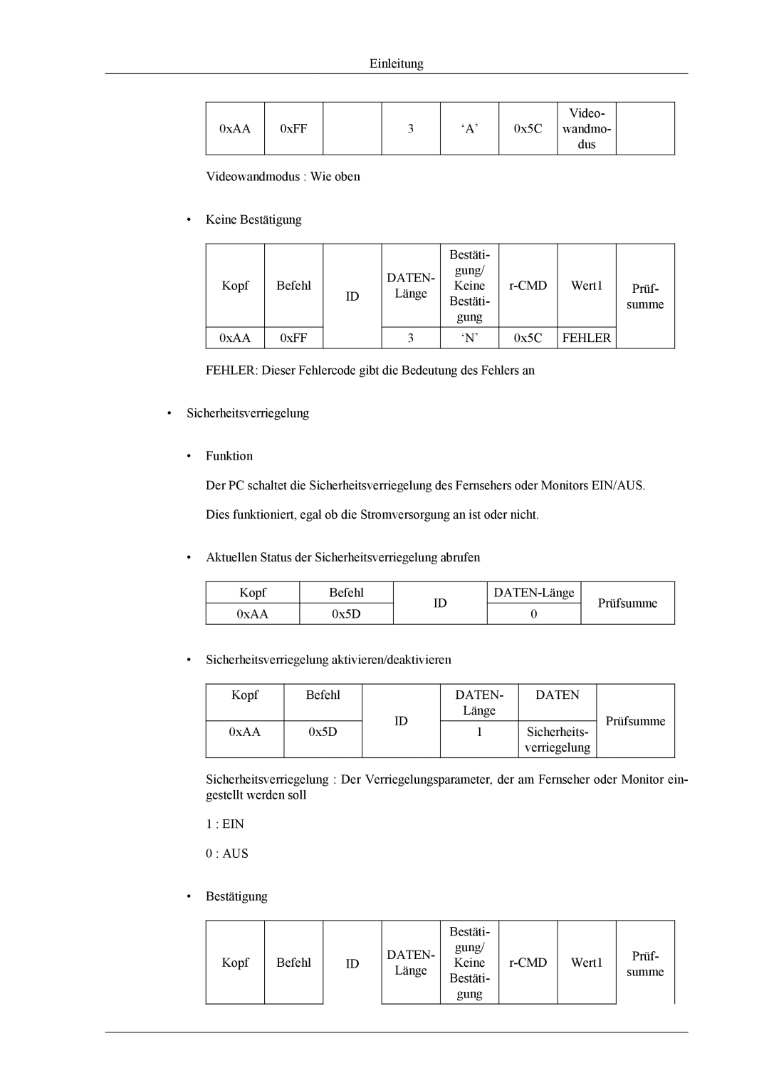 Samsung PH64KRRMBF/EN, PH64KRPMBF/EN manual Länge Bestäti Gung Keine ‘N’ CMD 0x5C Wert1 