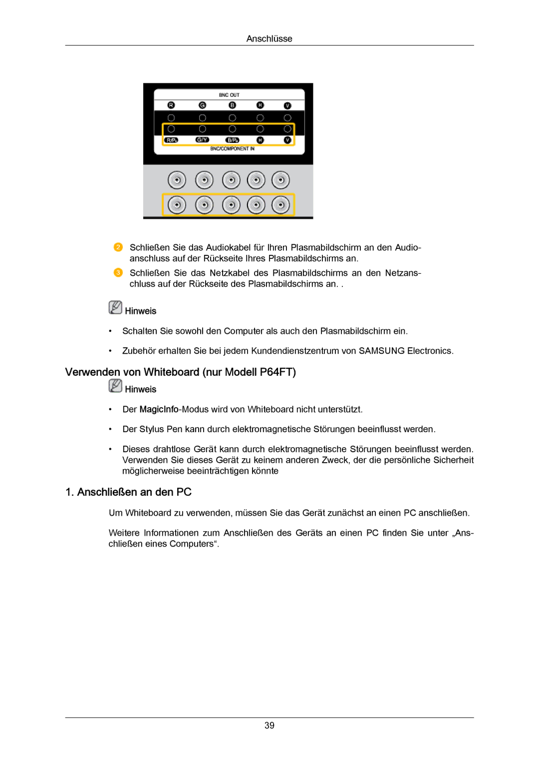 Samsung PH64KRRMBF/EN, PH64KRPMBF/EN manual Verwenden von Whiteboard nur Modell P64FT, Anschließen an den PC 