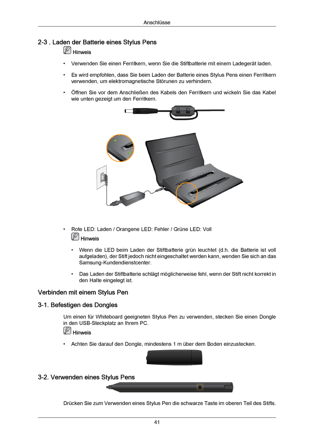 Samsung PH64KRRMBF/EN, PH64KRPMBF/EN manual Laden der Batterie eines Stylus Pens, Verwenden eines Stylus Pens 