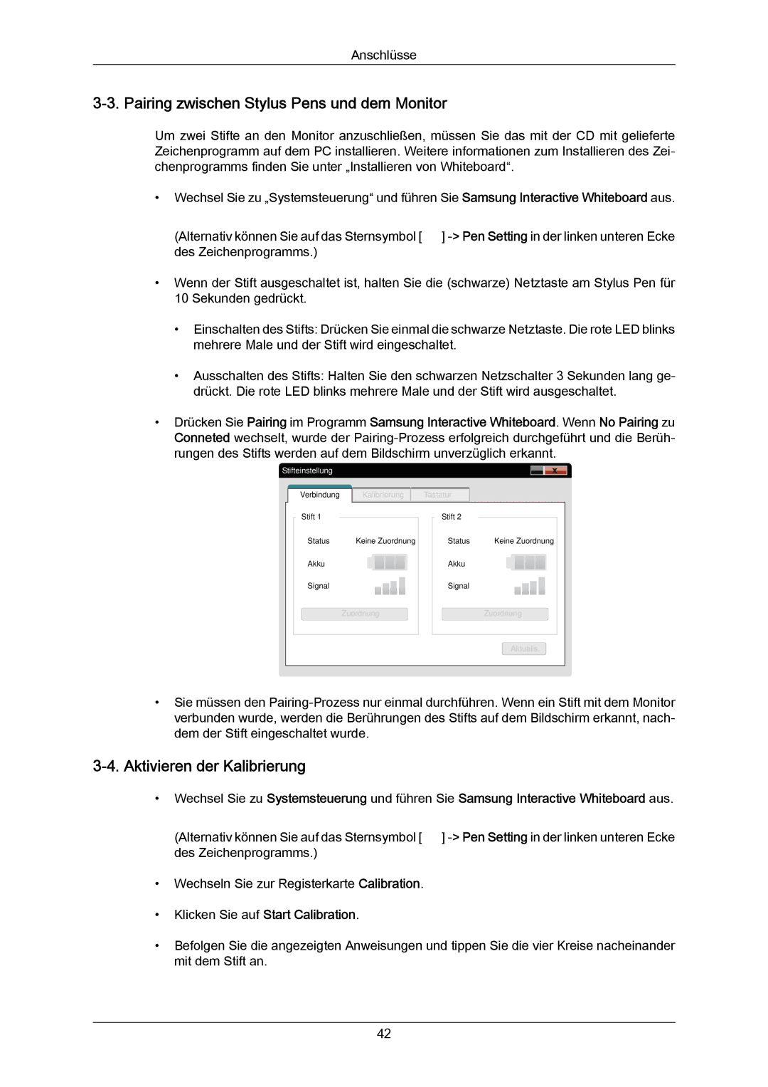 Samsung PH64KRPMBF/EN, PH64KRRMBF/EN manual Pairing zwischen Stylus Pens und dem Monitor, Aktivieren der Kalibrierung 