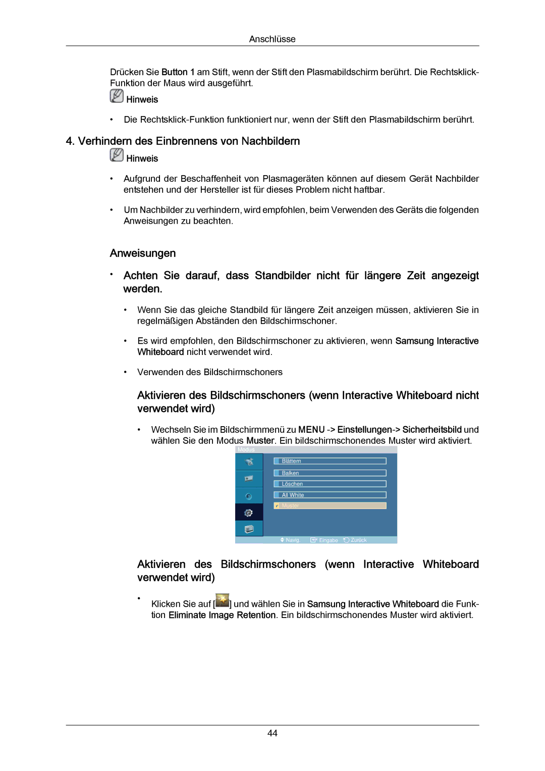 Samsung PH64KRPMBF/EN, PH64KRRMBF/EN manual Verhindern des Einbrennens von Nachbildern, Hinweis 