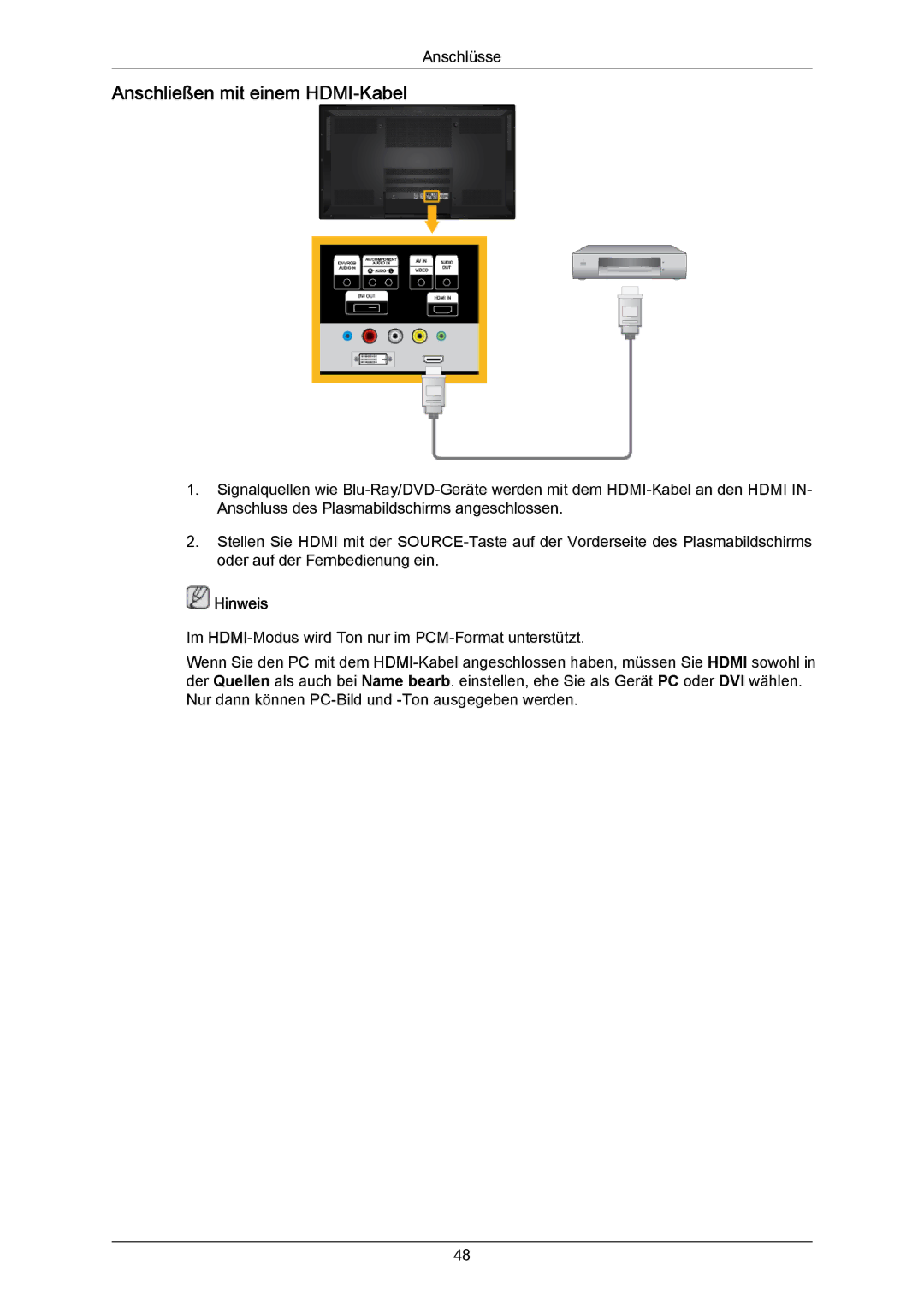 Samsung PH64KRPMBF/EN, PH64KRRMBF/EN manual Anschließen mit einem HDMI-Kabel 