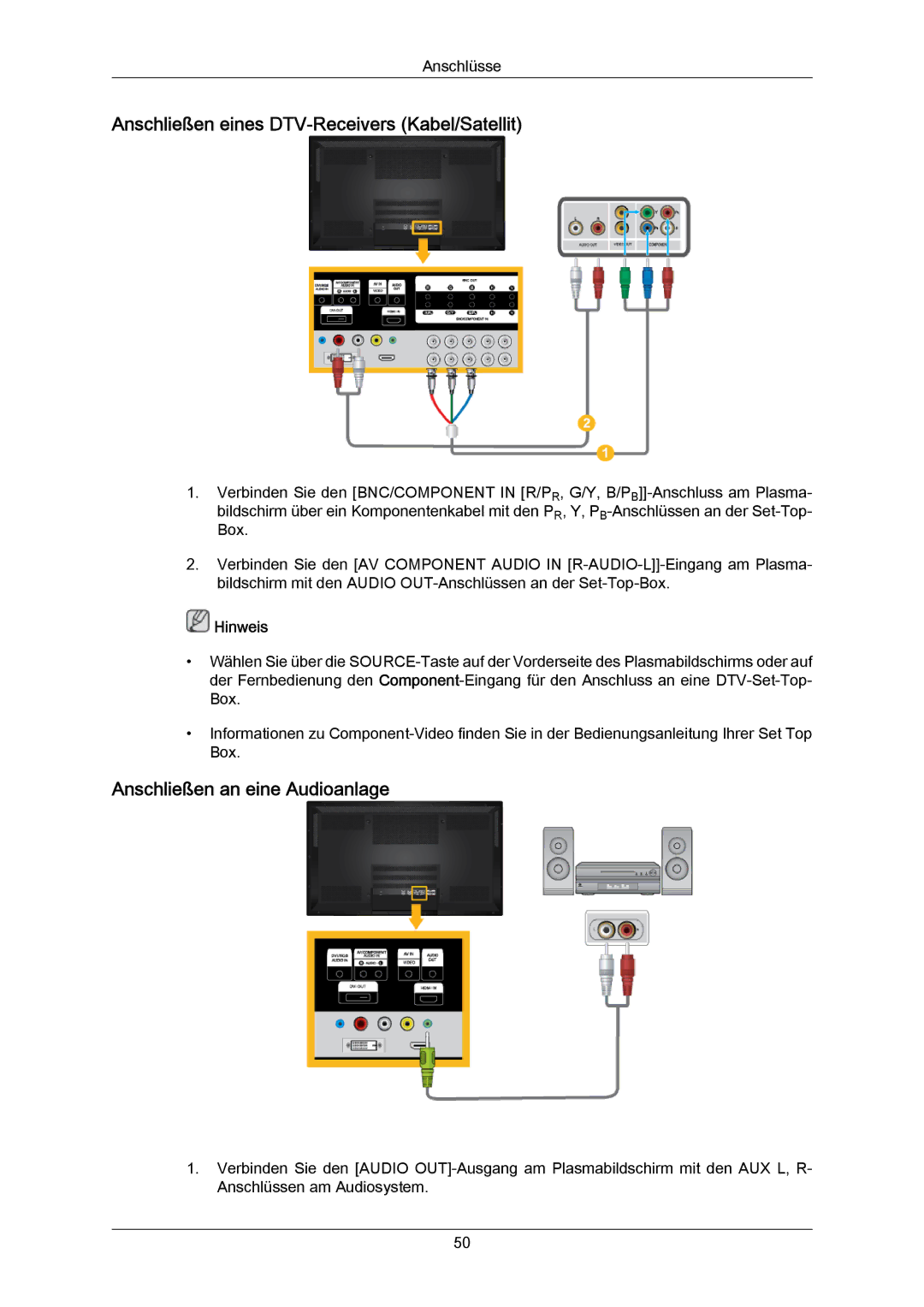 Samsung PH64KRPMBF/EN, PH64KRRMBF/EN manual Anschließen eines DTV-Receivers Kabel/Satellit, Anschließen an eine Audioanlage 