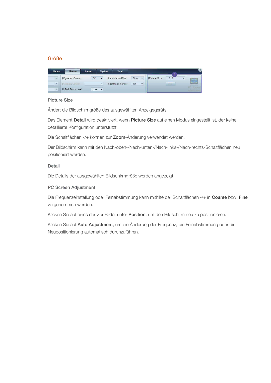 Samsung PH64KRRMBF/EN, PH64KRPMBF/EN manual Größe, Picture Size, Detail, PC Screen Adjustment 
