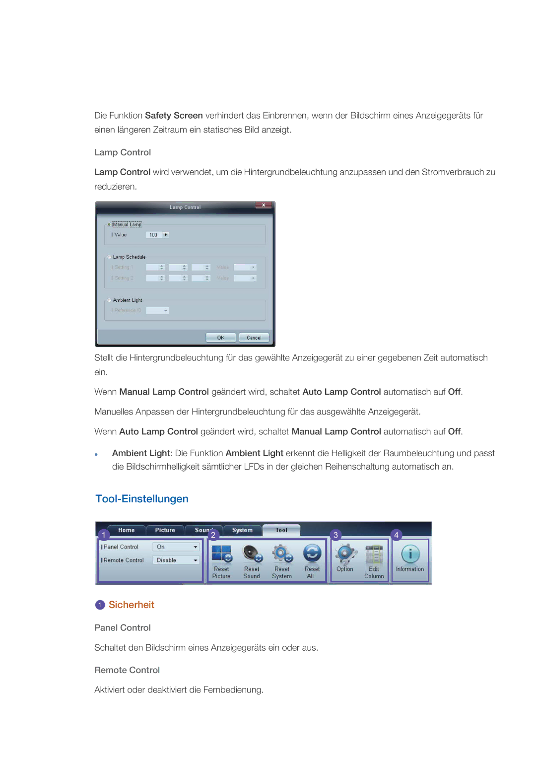 Samsung PH64KRPMBF/EN, PH64KRRMBF/EN manual Tool-Einstellungen, Lamp Control, Panel Control, Remote Control 