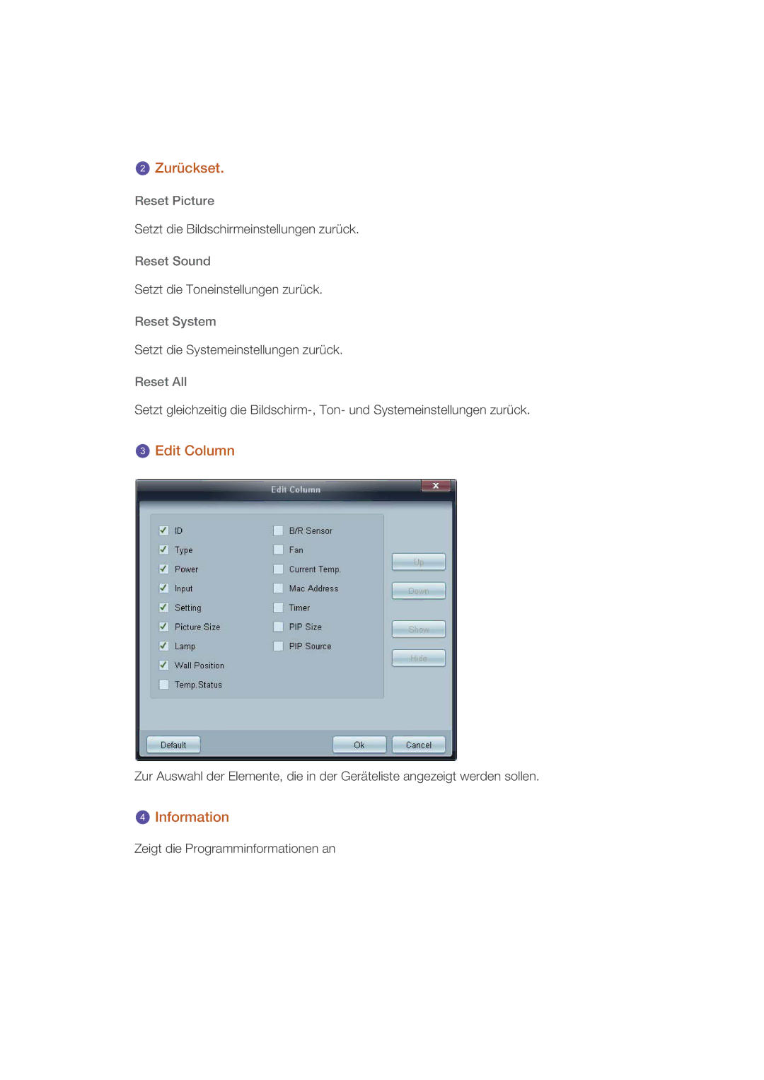 Samsung PH64KRRMBF/EN, PH64KRPMBF/EN manual Zurückset, Edit Column, Information 
