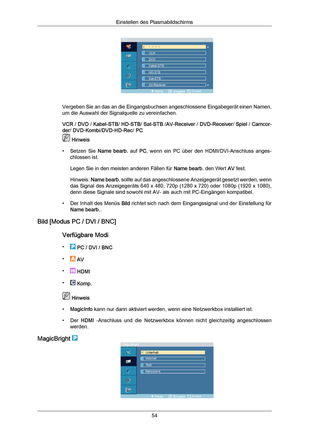 Samsung PH64KRRMBF/EN, PH64KRPMBF/EN manual Bild Modus PC / DVI / BNC Verfügbare Modi, MagicBright, Komp Hinweis 