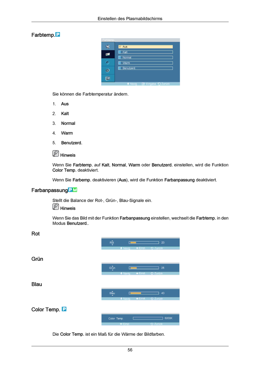 Samsung PH64KRRMBF/EN manual Farbtemp, Farbanpassung, Rot Grün Blau Color Temp, Aus Kalt Normal Warm Benutzerd Hinweis 